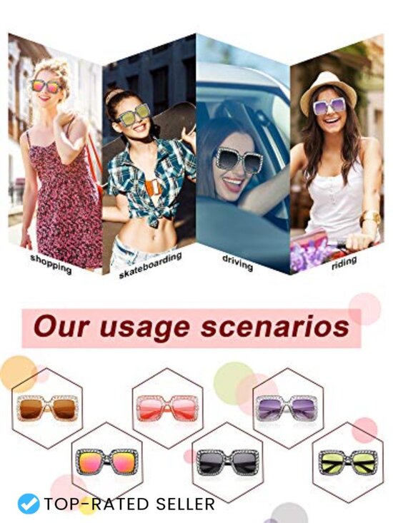 6 Pairs Oversized Square Rhinestone Sunglasses Disco Party Photo Props Retro